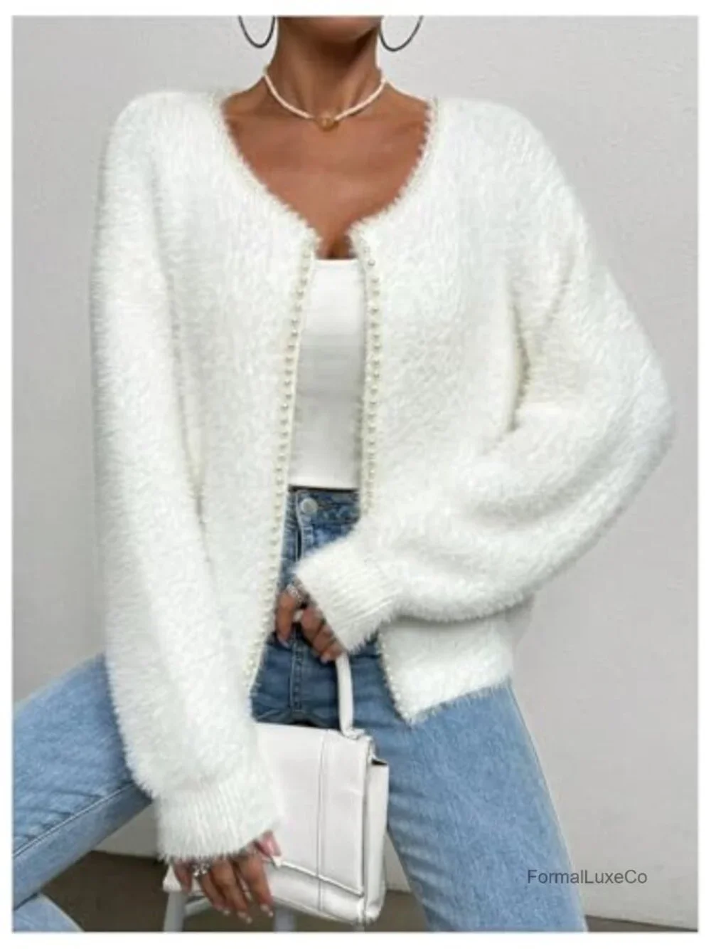 Fuzzy Open Front Cardigan Pearl Beaded Long Sleeve Knit Sweater